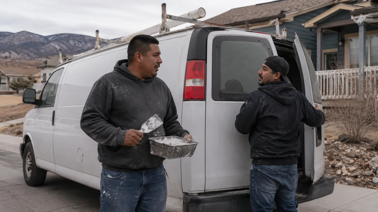 Two drywall contractors beside a white work van on an Arvada, CO driveway