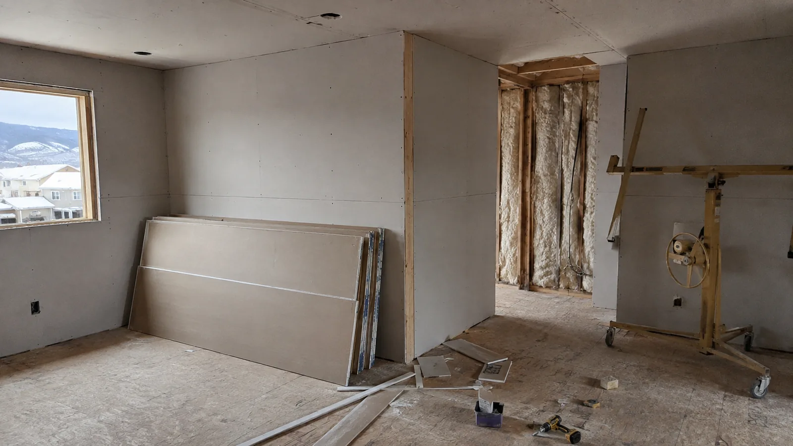 New gypsum board hung on wood stud framing in a partly finished Arvada, CO interior