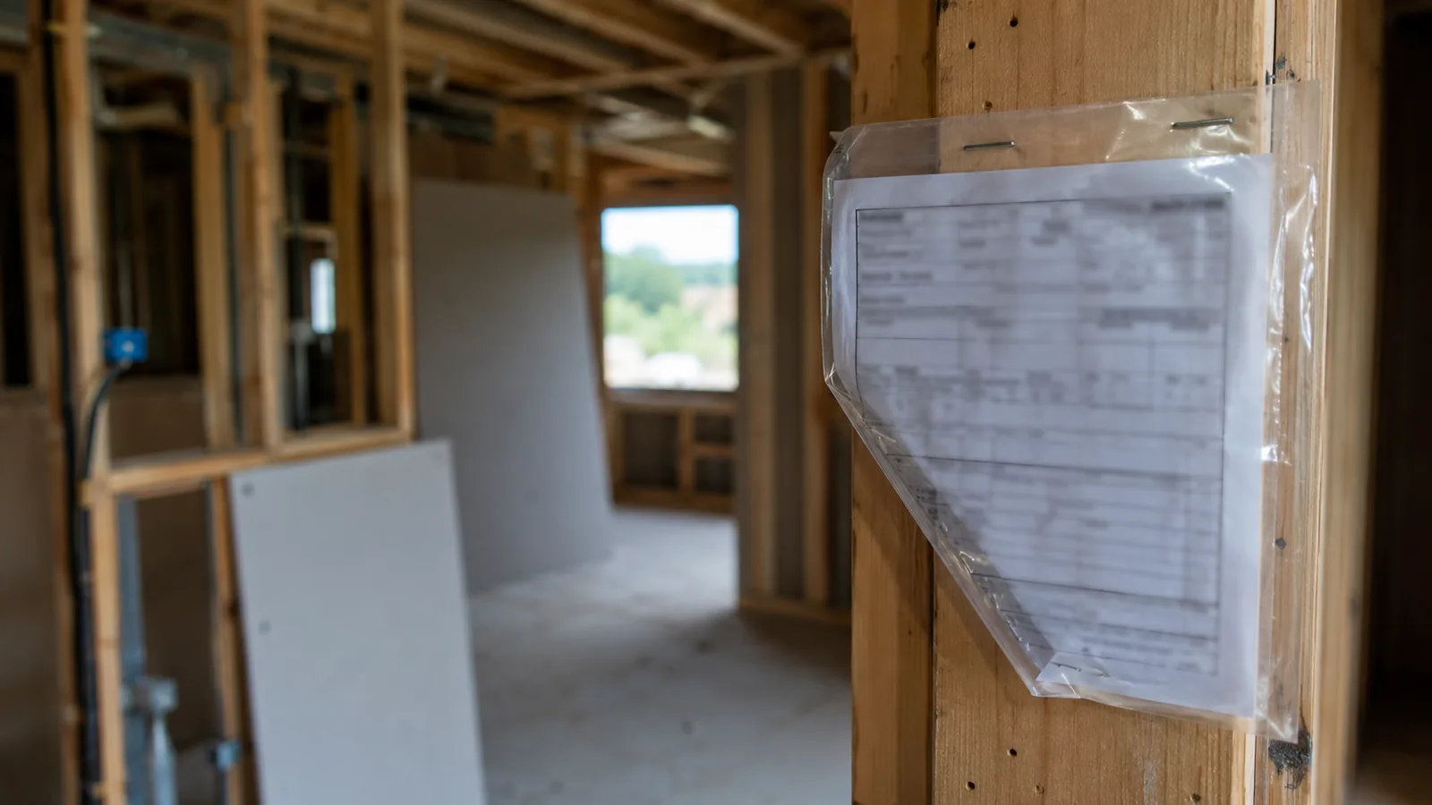 Building permit inspection card stapled to a stud on a residential job site in Arvada, CO