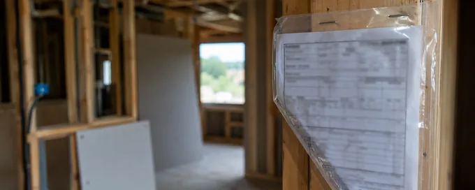 Building permit inspection card stapled to a stud on a residential job site in Arvada, CO