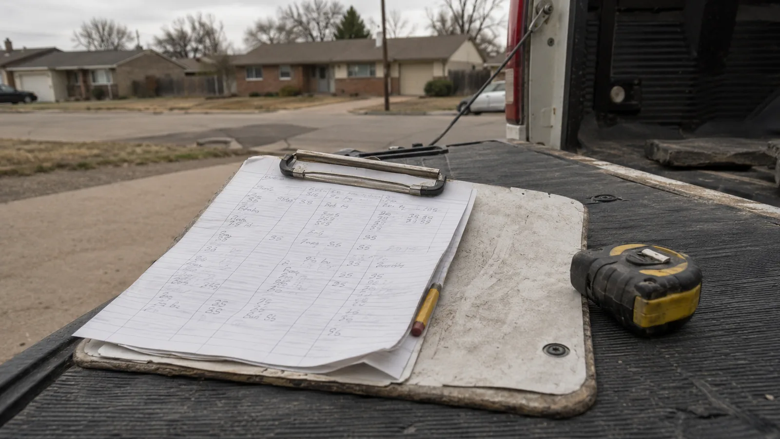Handwritten drywall repair estimate on a clipboard resting on a truck tailgate in Arvada, CO