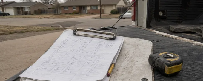 Handwritten drywall repair estimate on a clipboard resting on a truck tailgate in Arvada, CO