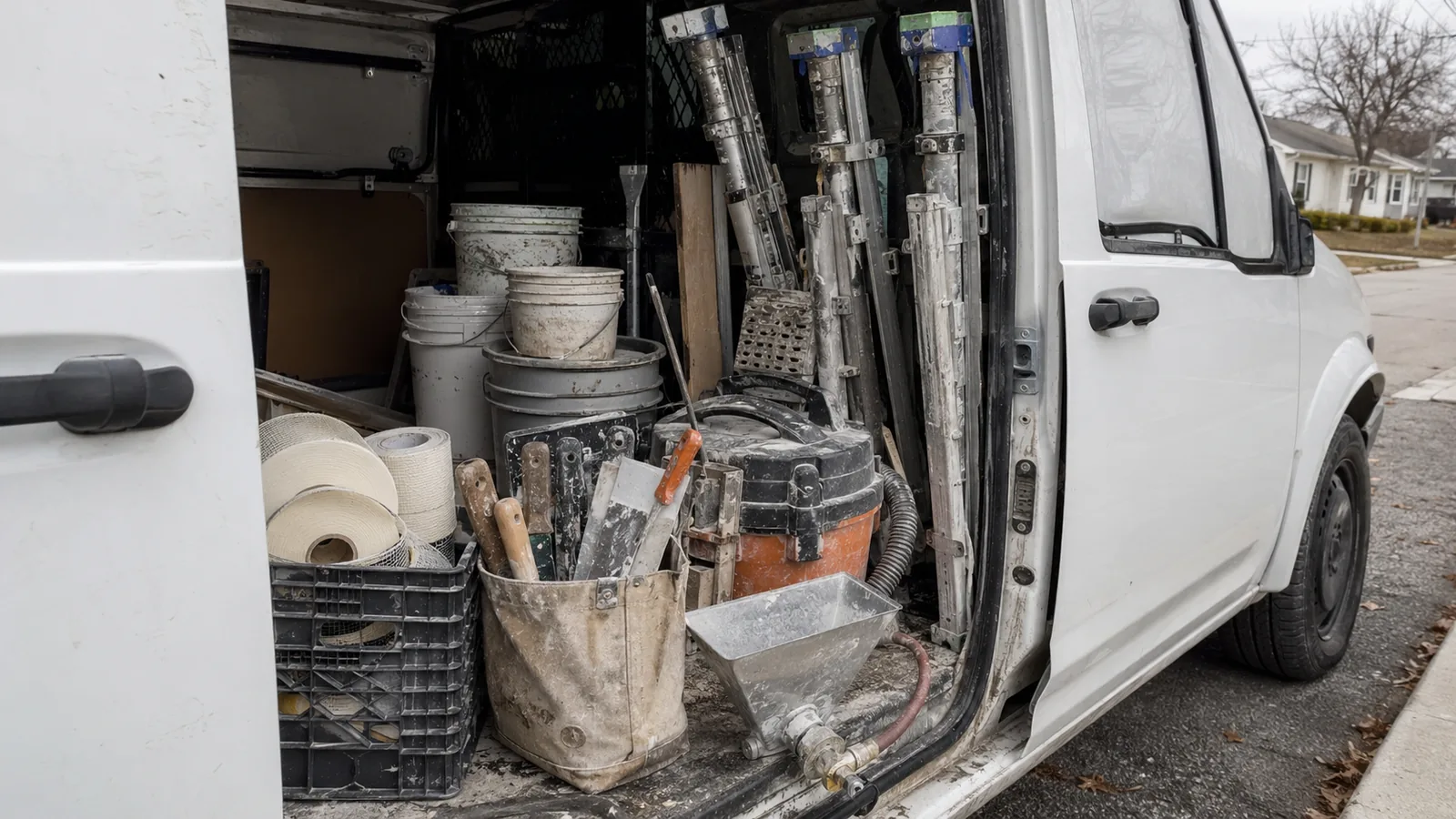 The inside of a drywall contractor's van in Arvada, CO with mud buckets, tape and taping knives