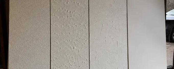 Four wall panels showing orange peel, knockdown, skip trowel and smooth drywall texture side by side