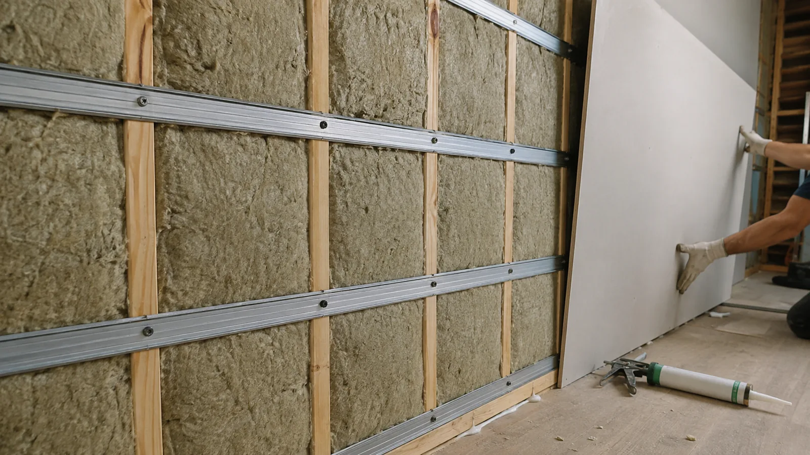 Wall under construction in Arvada, CO with mineral wool batts and resilient channel before the sound panel goes on