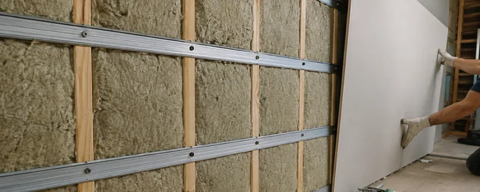 Wall under construction in Arvada, CO with mineral wool batts and resilient channel before the sound panel goes on