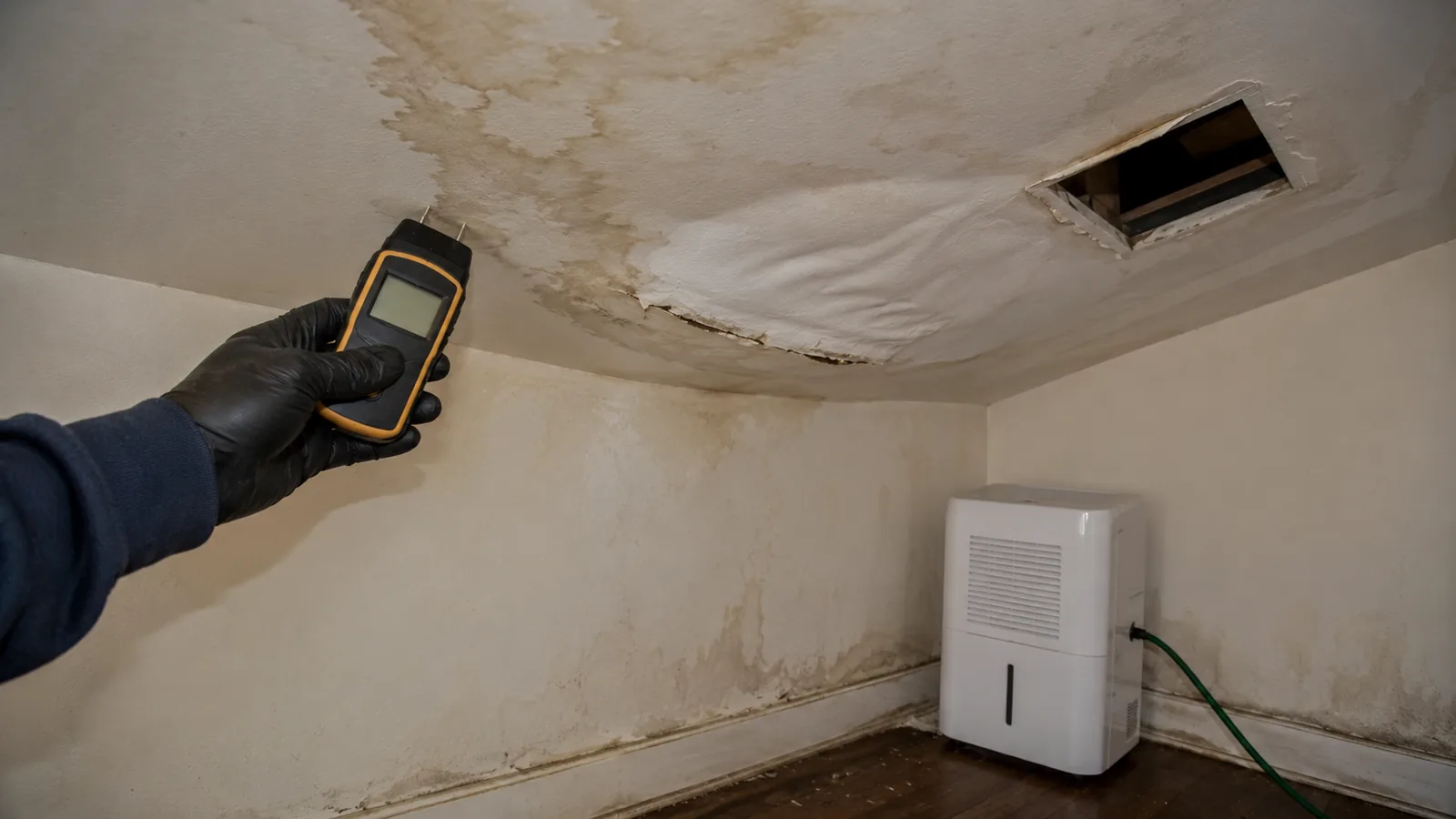 Water stained and sagging drywall ceiling in an Arvada, CO home with a moisture meter being used at the opening